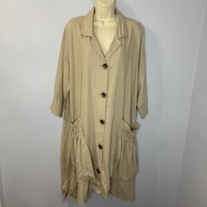 For Cynthia Womens Linen Blend Lagenlook Oversized Pockets Shirt Dress Beige XL